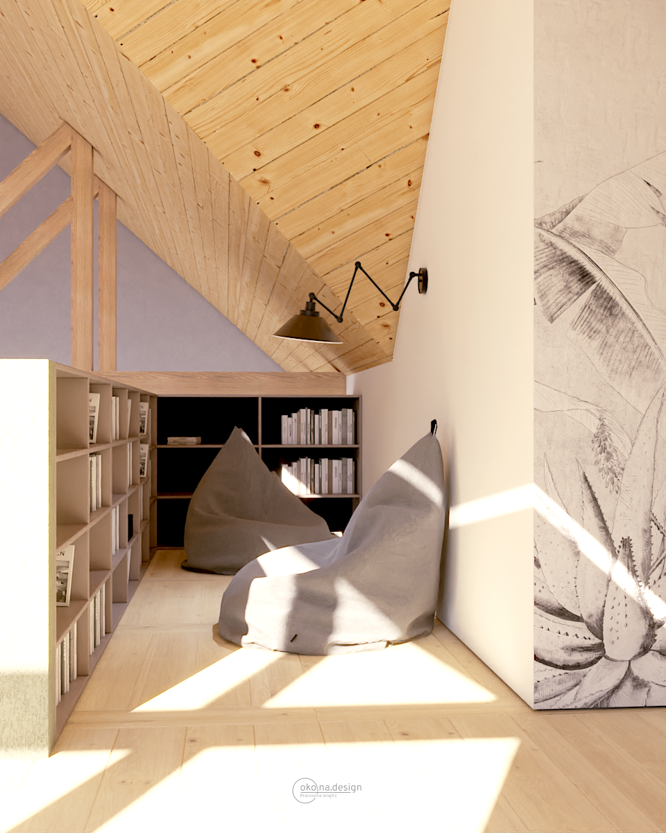 KĄCIK-CZYTELNICZY-dom-Pracownia-wnętrz-oko.na.design, biblioteczka, pufy, kinkiet metalowy