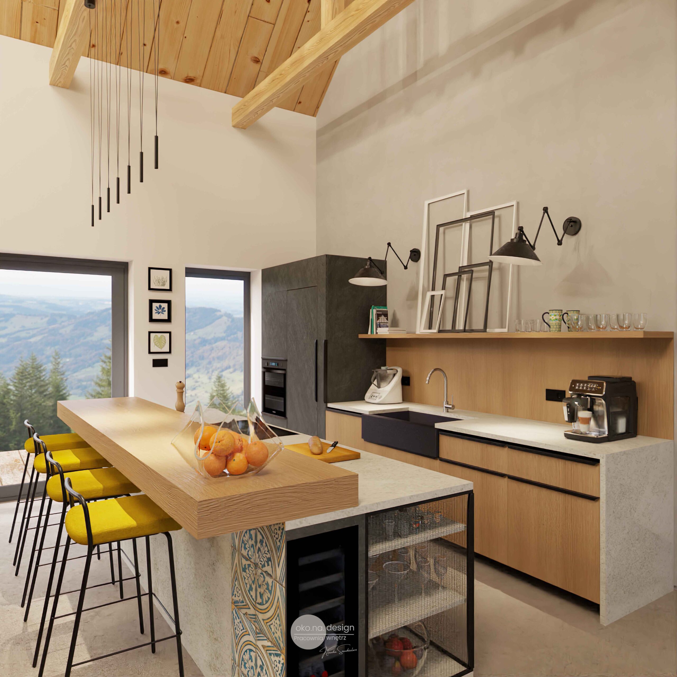 Kuchnia-wyspa-Pracownia-wnętrz-oko.na.design, projektantka wnętrz kraków, projektanci wnętrz kraków, jadalnia z drewnianym stołem, kolorowa mozaika w salonie, dom z wysokim sufitem