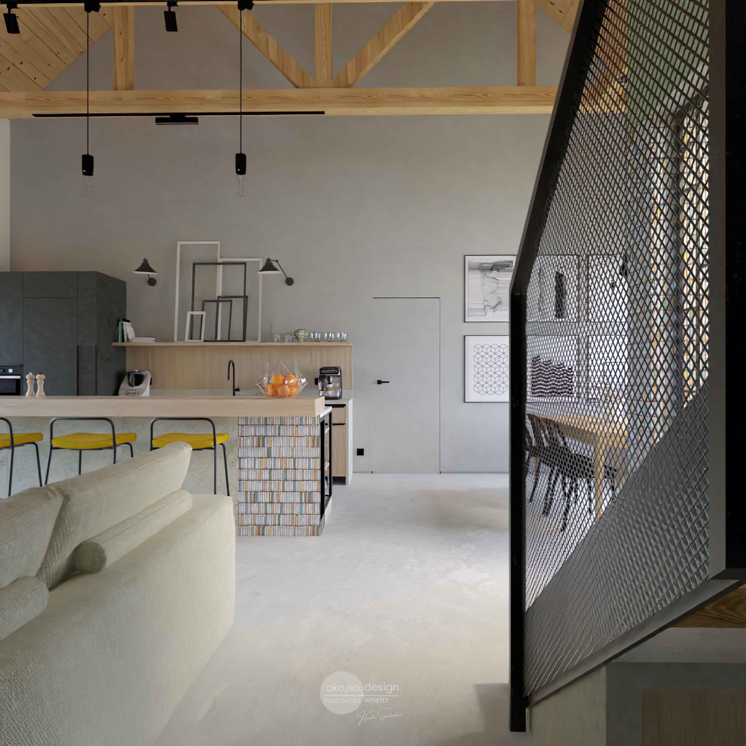 Kuchnia-schody-metalowa-balustrada-projektant-wnętrz-kraków, kolorowa mozaika