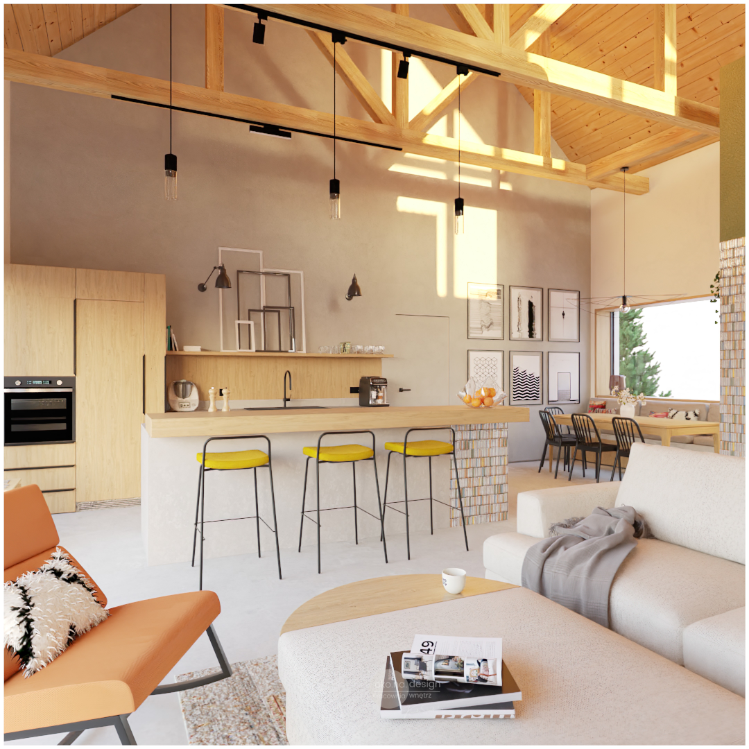 Kuchnia-wyspa-Pracownia-wnętrz-oko.na.design, projektantka wnętrz kraków, projektanci wnętrz kraków, jadalnia z drewnianym stołem, kolorowa mozaika w salonie, dom z wysokim sufitem