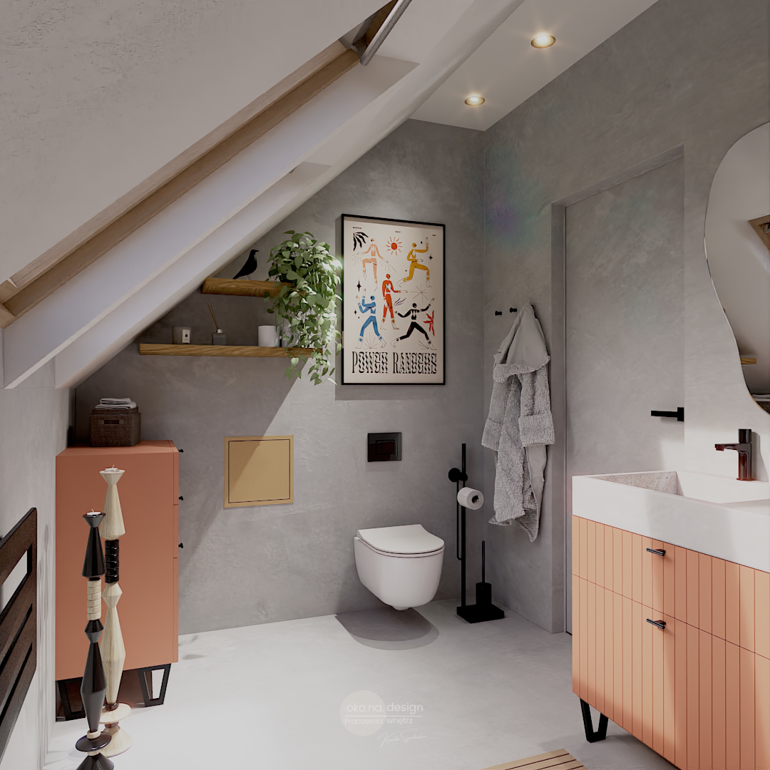 Pracownia wnętrz oko.na.design, projektantka wnętrz kraków, łazienka na poddaszu, skosy, mikrocement, plakat, zsyp na pranie