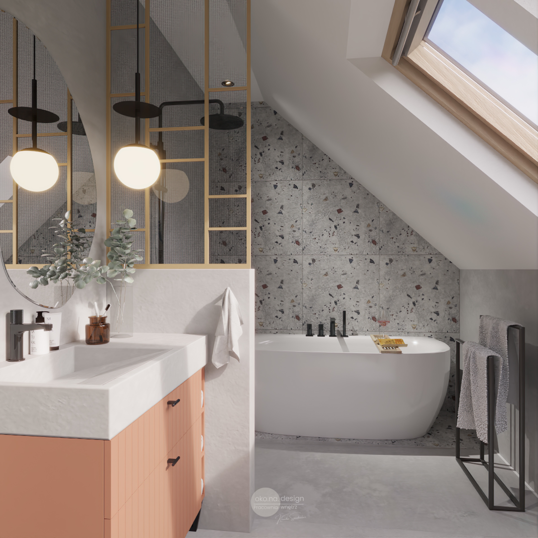 Pracownia wnętrz oko.na.design, projektantka wnętrz kraków, łazienka na poddaszu, skosy, mikrocement, plakat, zsyp na pranie