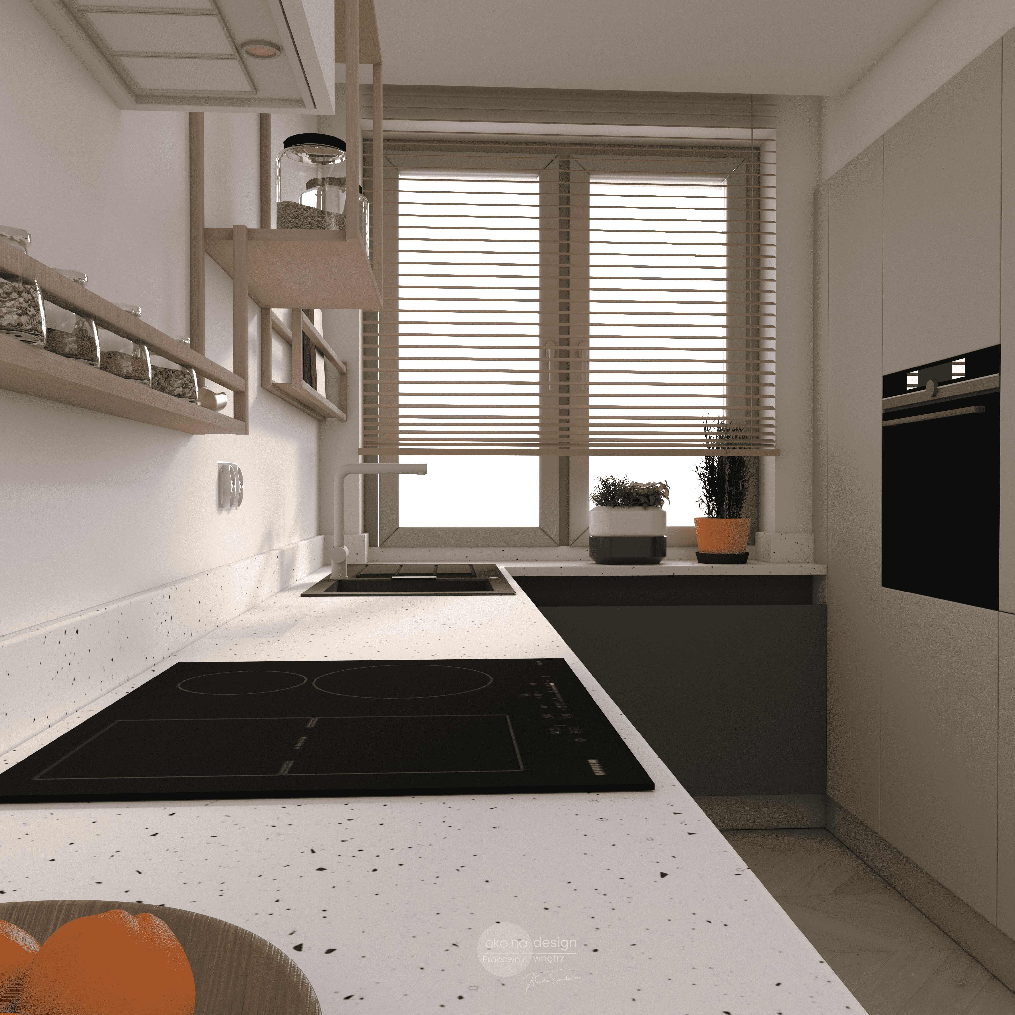 mieszkanie w bloku, Pracownia wnętrz oko.na.design, projektantka wnętrz kraków, kuchnia, lodówka w zabudowie, miejsce na przyprawy