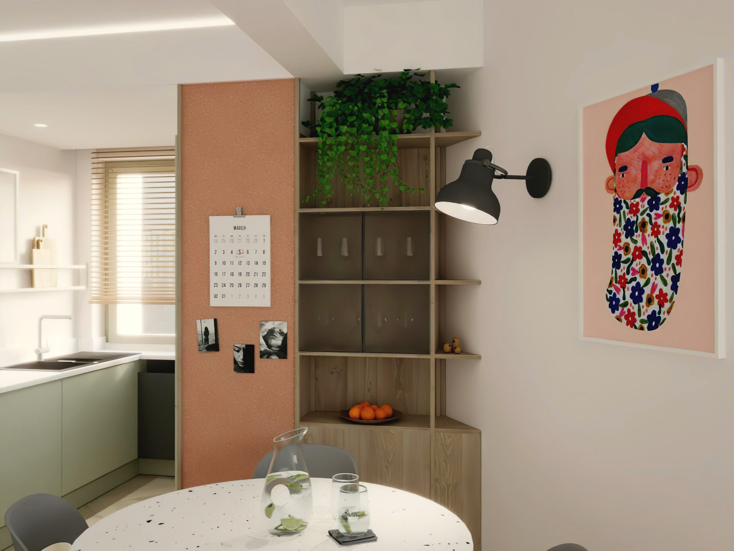 mieszkanie w bloku,Pracownia wnętrz oko.na.design, projektantka wnętrz kraków, kuchnia, lodówka w zabudowie