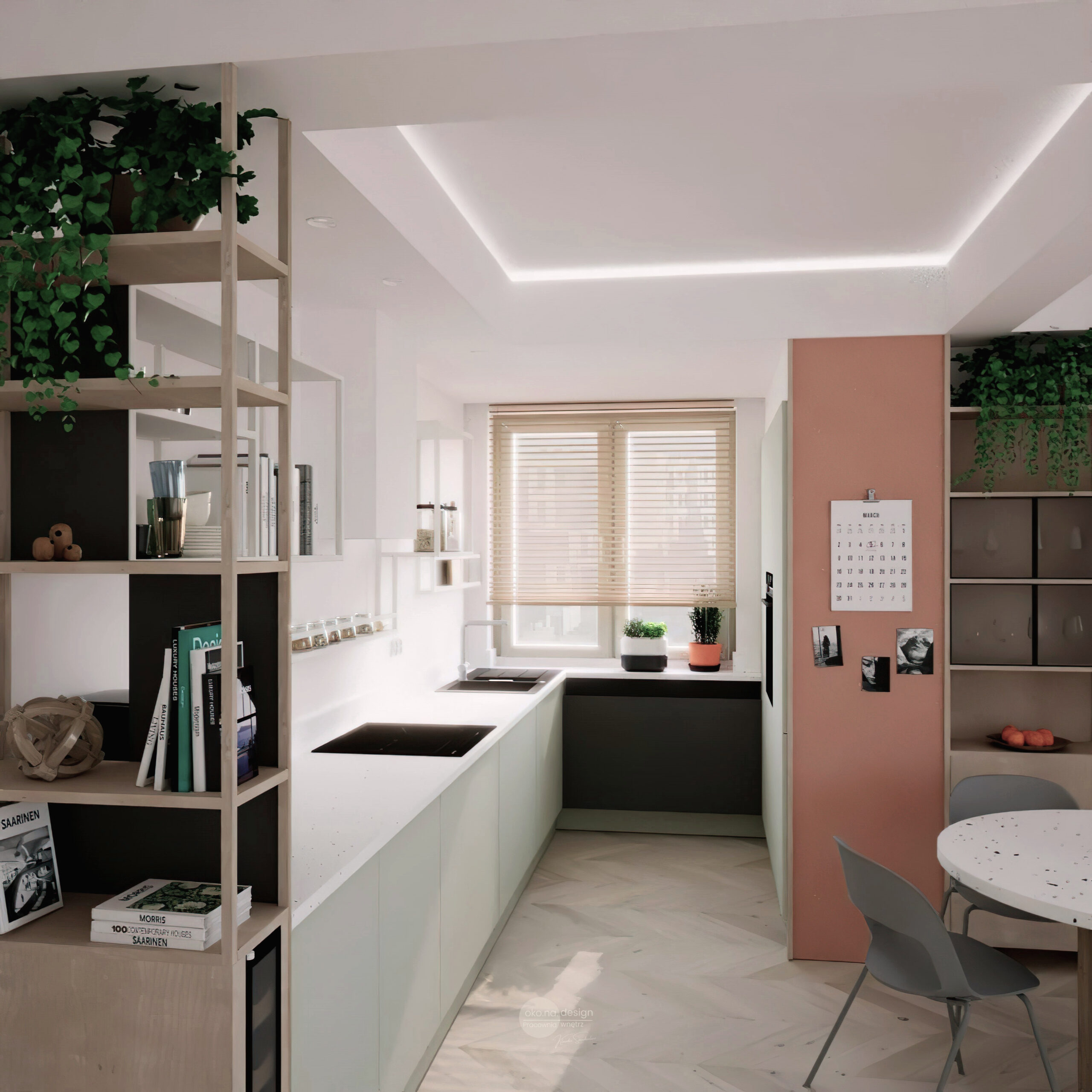 mieszkanie w bloku,Pracownia wnętrz oko.na.design, projektantka wnętrz kraków, kuchnia, lodówka w zabudowie