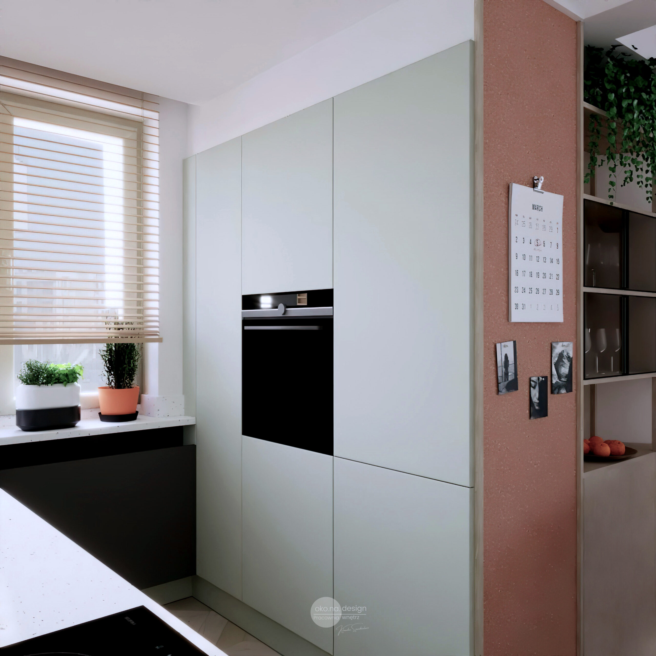 mieszkanie w bloku,Pracownia wnętrz oko.na.design, projektantka wnętrz kraków, kuchnia, lodówka w zabudowie