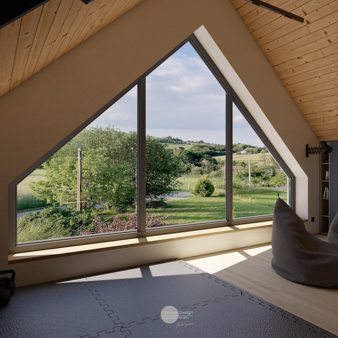 Pokój-rekreacyjny-Widok-Pracownia wnętrz oko.na.design, projektantka wnętrz kraków, trójkątne okno, domowa siłownia
