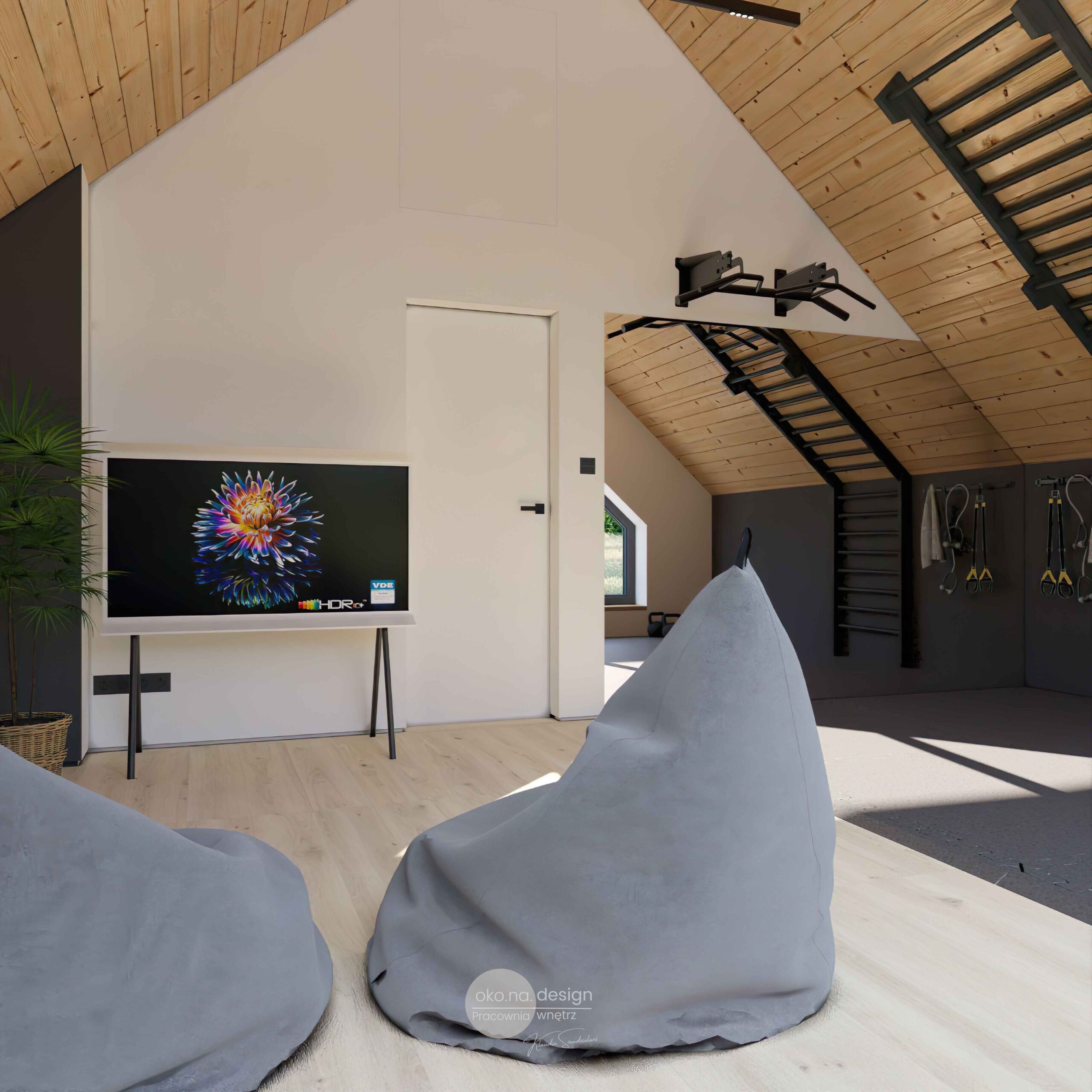 Pokój-rekreacyjny-Pracownia wnętrz oko.na.design, projektantka wnętrz kraków, trójkątne okno, domowa siłownia, samsung serif