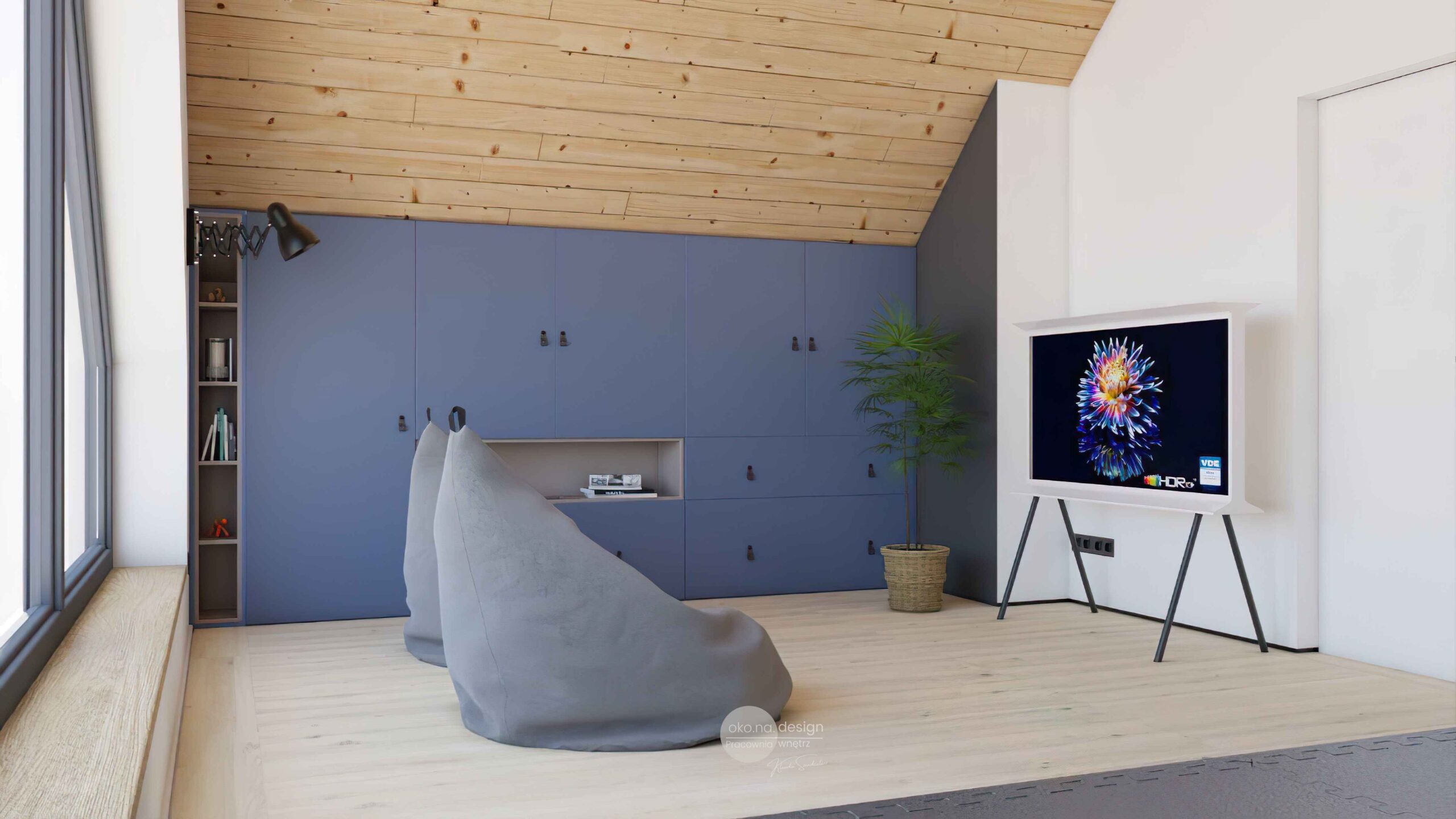 Pokój-rekreacyjny-Widok-Pracownia wnętrz oko.na.design, projektantka wnętrz kraków, trójkątne okno, domowa siłownia, samsung serif