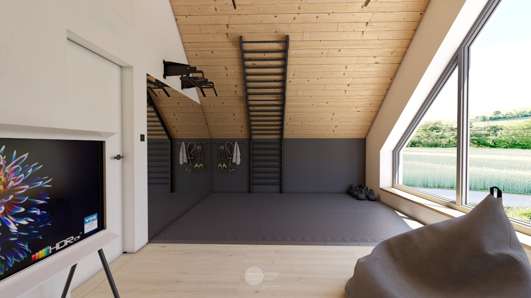 Pokój-rekreacyjny-Widok-Pracownia wnętrz oko.na.design, projektantka wnętrz kraków, trójkątne okno, domowa siłownia, samsung serif