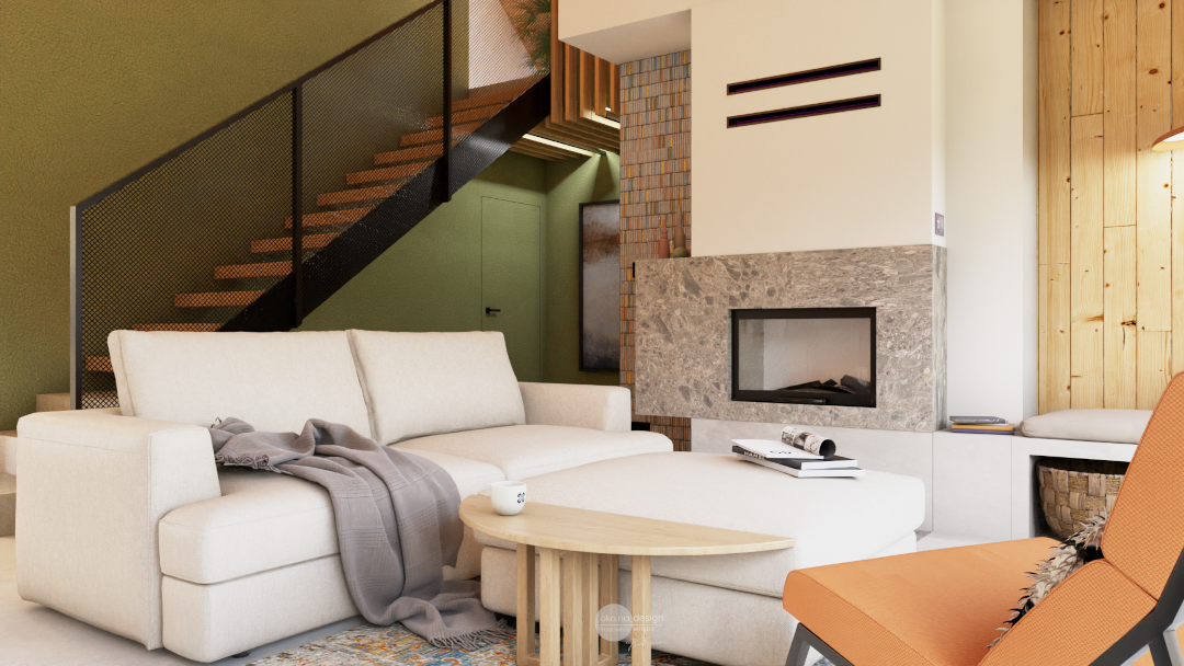 Projekt, dom, salon-kanapa-oko.na.design-projektant wnętrz-jasna kanapa-pufa jako stolik,nobonobo,kominek, tynk dekoracyjny