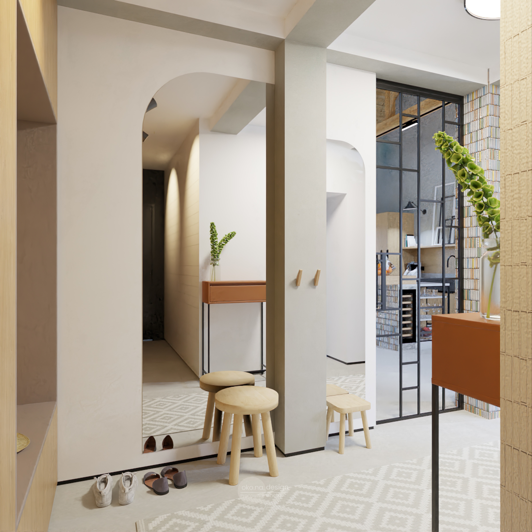 Kuchnia-wyspa-Pracownia-wnętrz-oko.na.design, projektantka wnętrz kraków, projektanci wnętrz kraków, jadalnia z drewnianym stołem, kolorowa mozaika w salonie, dom z wysokim sufitem