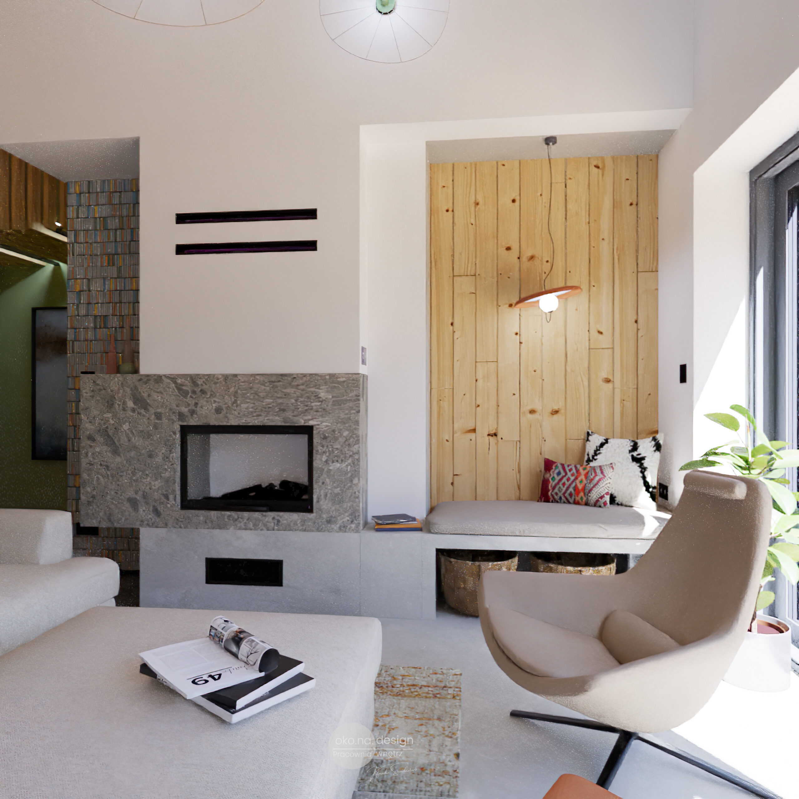 Projekt, dom, salon-kanapa-oko.na.design-projektant wnętrz-jasna kanapa-pufa jako stolik,nobonobo,kominek, boazeria, mozaika w salonie, tynk na kominku, Wkład kominkowy z płaszczem wodnym Unico