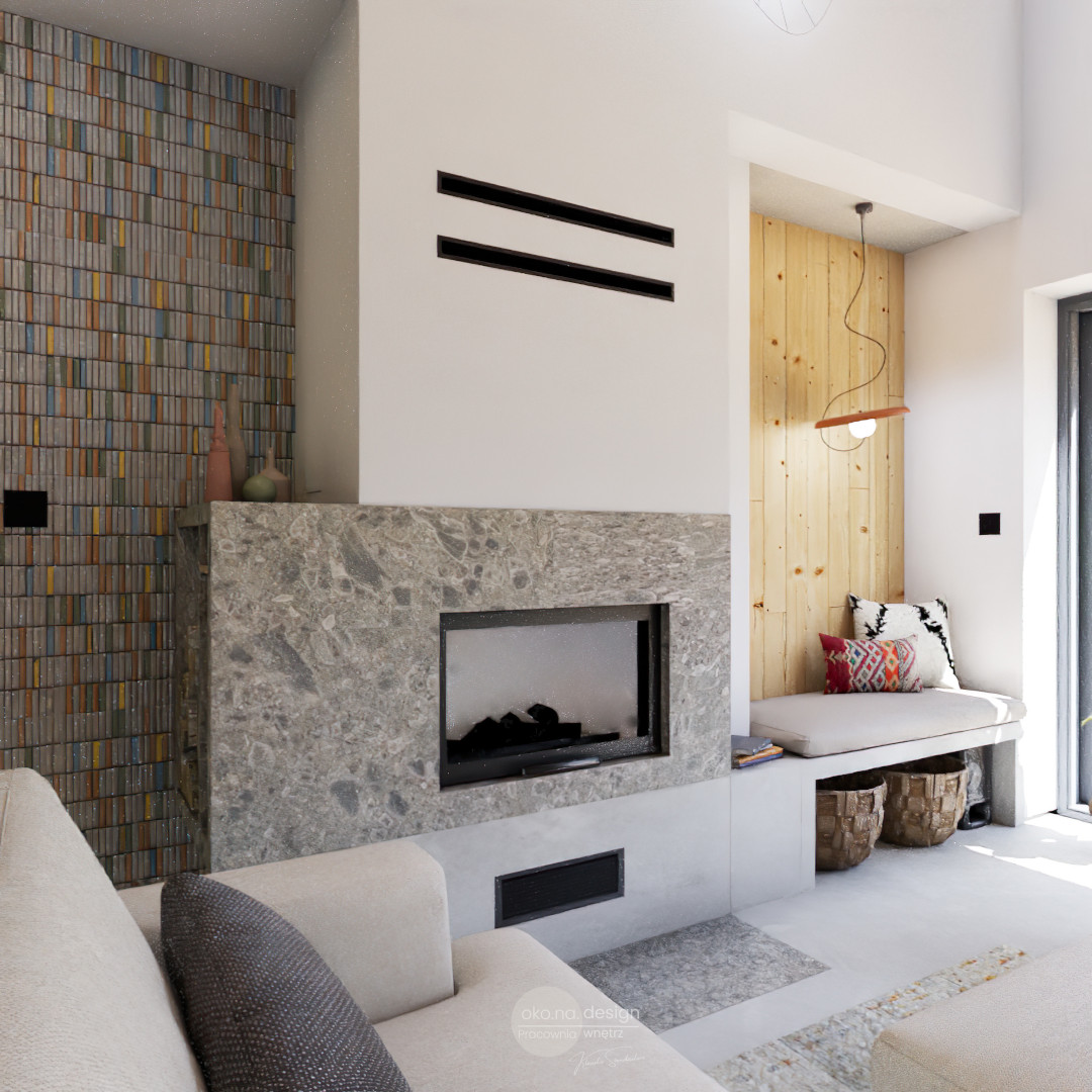 Projekt, dom, salon-kanapa-oko.na.design-projektant wnętrz-jasna kanapa-pufa jako stolik,nobonobo,kominek, boazeria, mozaika w salonie, tynk na kominku, Wkład kominkowy z płaszczem wodnym Unico