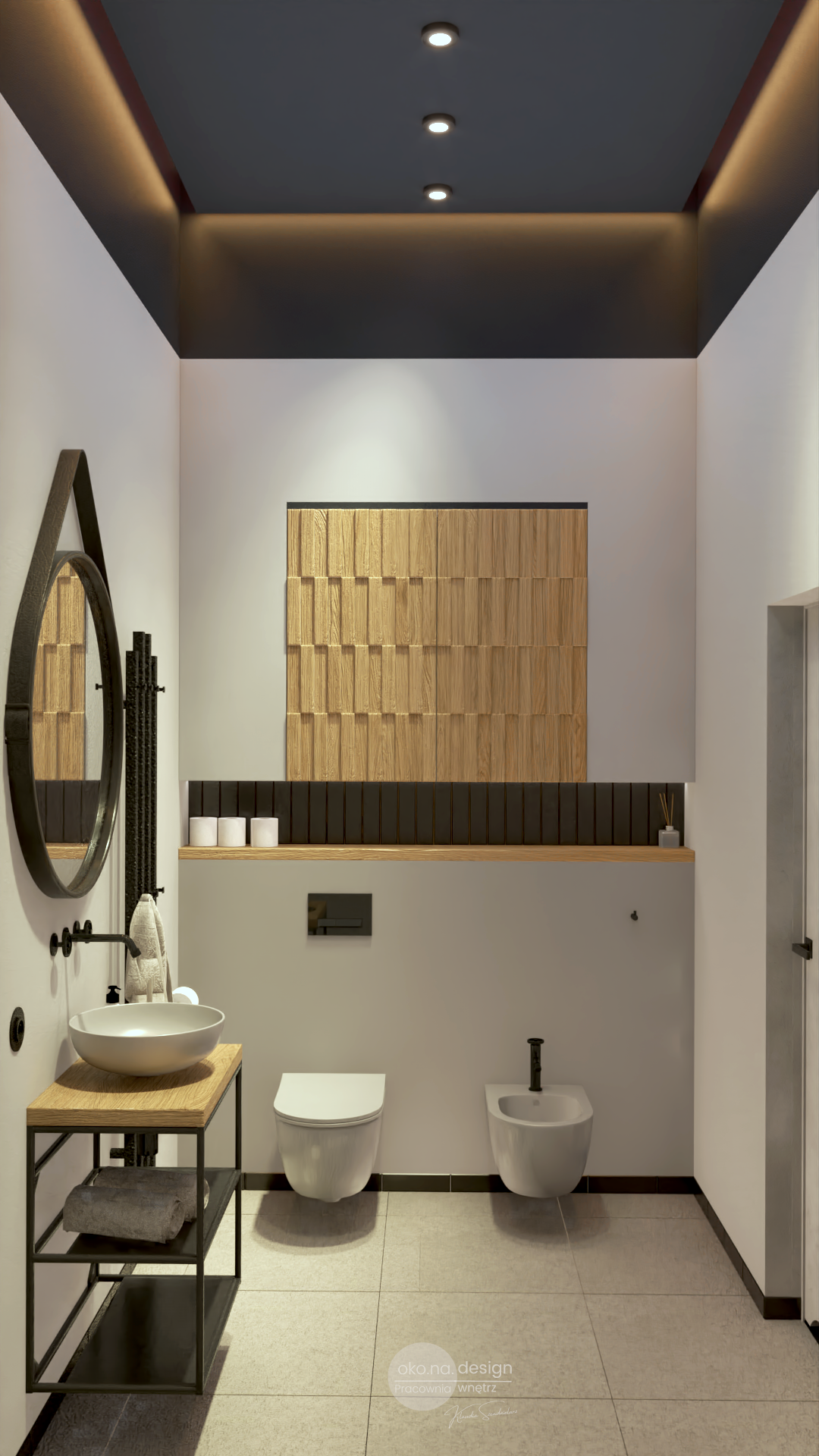 Łazienka-dla-gości-Pracownia wnętrz oko.na.design, -projektantka wnętrz kraków, styl industrialny, nowoczesny loft, szara ceramika, bidet wc, massi