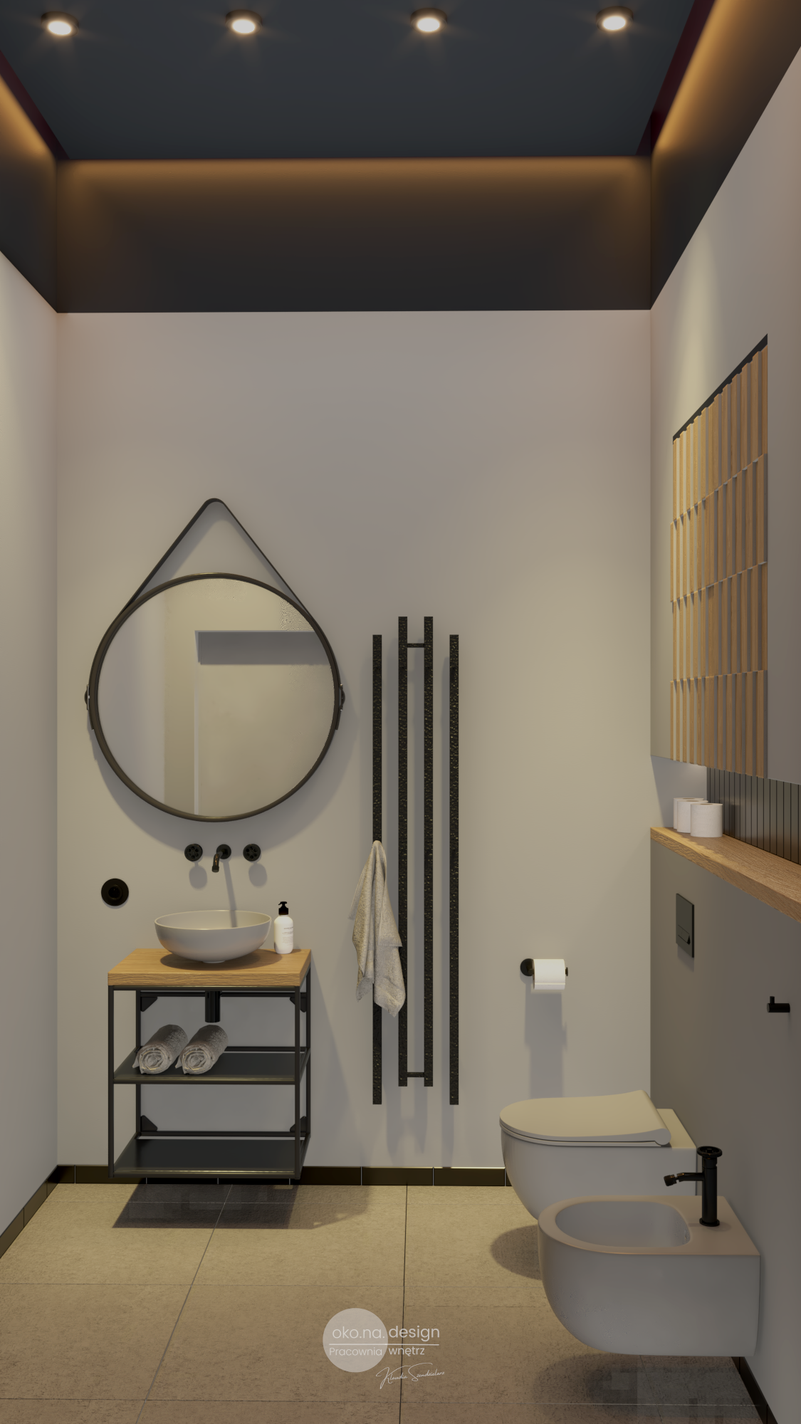 Łazienka-dla-gości-Pracownia wnętrz oko.na.design, -projektantka wnętrz kraków, styl industrialny, nowoczesny loft, szara ceramika, bidet wc, massi