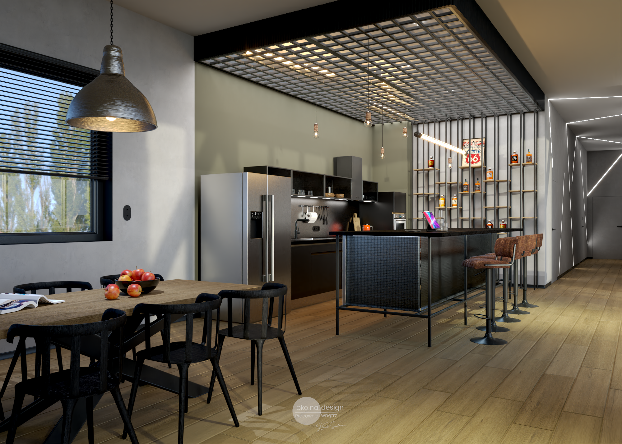 nowoczesny loft, kuchnia z wyspę, brązowe, hokery, tynk struktutalny, szare ściany, drzwi uktyte, Pracownia wnętrz oko.na.design, projektantka wnętrz kraków, ledy w korytarzu