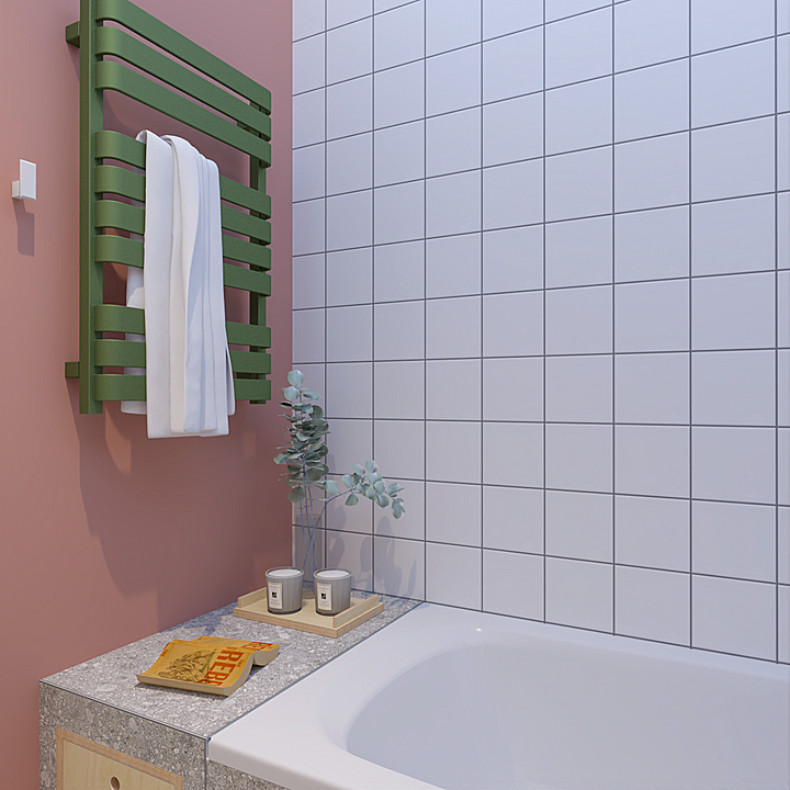 mieszkanie w bloku, Pracownia wnętrz oko.na.design, projektantka wnętrz kraków, łazienka retro, zielony kaloryfer, białe małe kafle, wanna