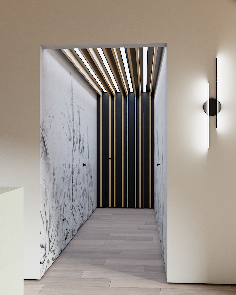 Pracownia wnętrz oko.na.design, korytarz, tapeta, lamele, ukryte drzwi, schadow-gap, profile led