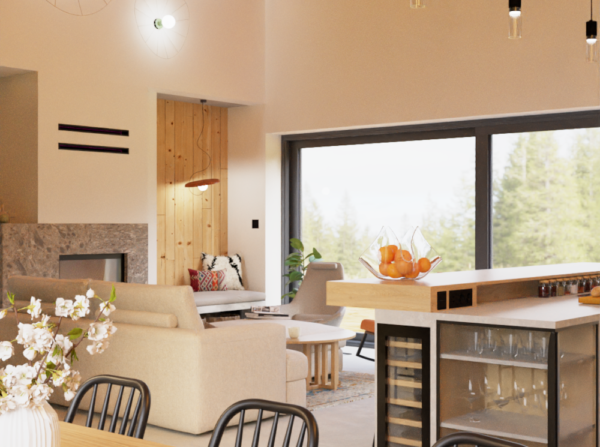 Projekt, dom, salon-kanapa-oko.na.design-projektant wnętrz-jasna kanapa-pufa jako stolik,nobonobo,kominek, boazeria, wyspa kuchenna