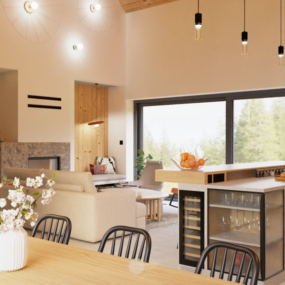 Projekt, dom, salon-kanapa-oko.na.design-projektant wnętrz-jasna kanapa-pufa jako stolik,nobonobo,kominek, boazeria, wyspa kuchenna