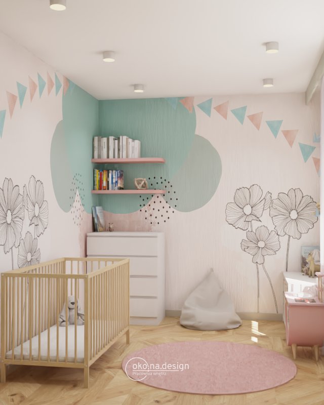 projekt pokoju dziecięcego, kolorowa tapeta, półki na książki