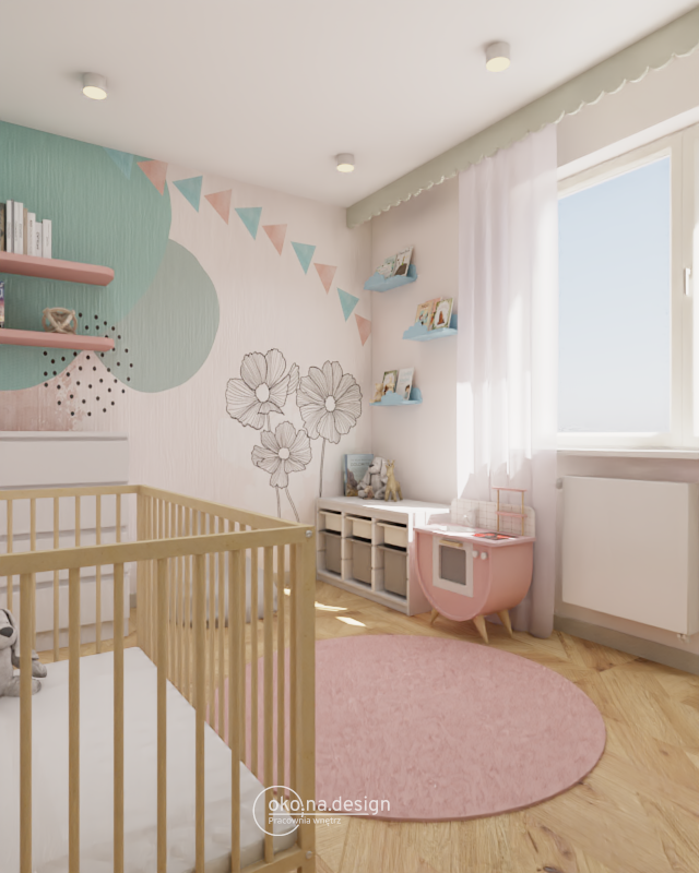 projekt pokoju dziecięcego, kolorowa tapeta, półki na książki chmurki