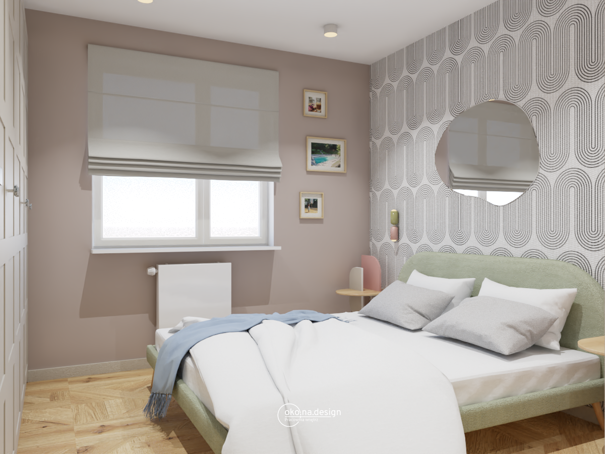 Projekt sypialni, tapeta w fale, lustro o obłych kształtach, roleta rzymska