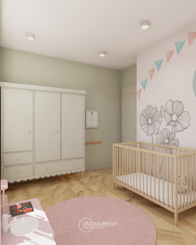 projekt pokoju dziecięcego, zielona szafa w fale, zielona ściana