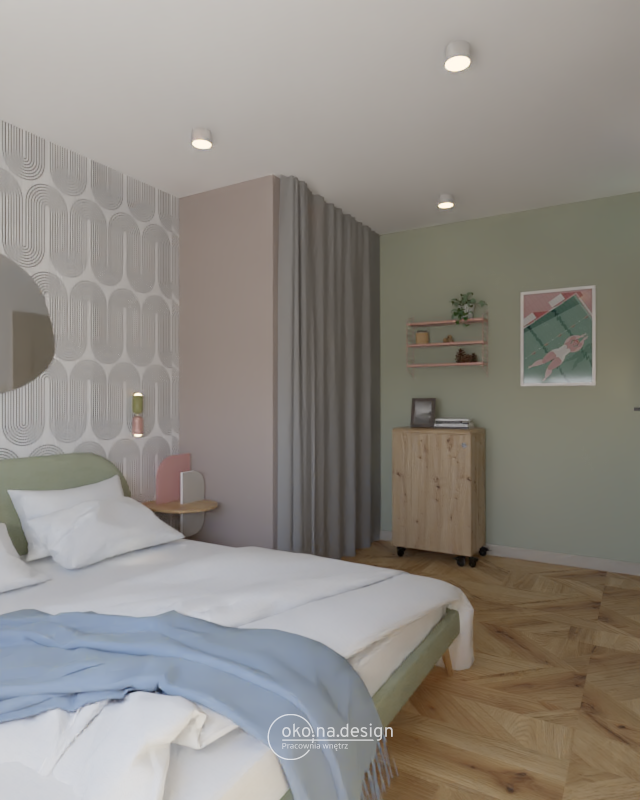 Projekt sypialni, tapeta w fale, domowe biuro