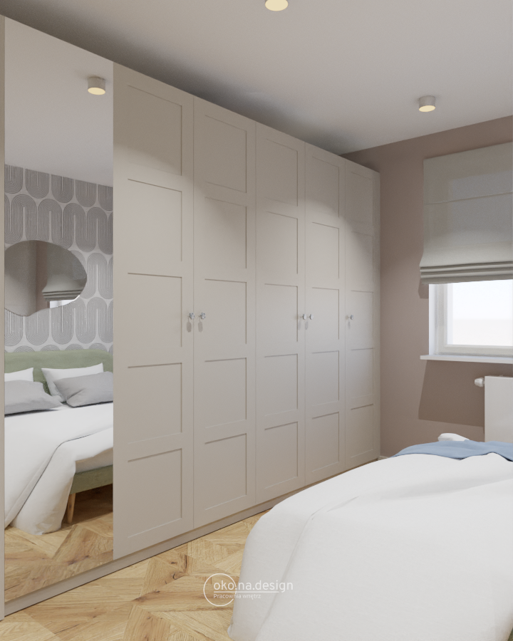 Projekt sypialni, beżowa szafa PAX z lustrem, roleta rzymska