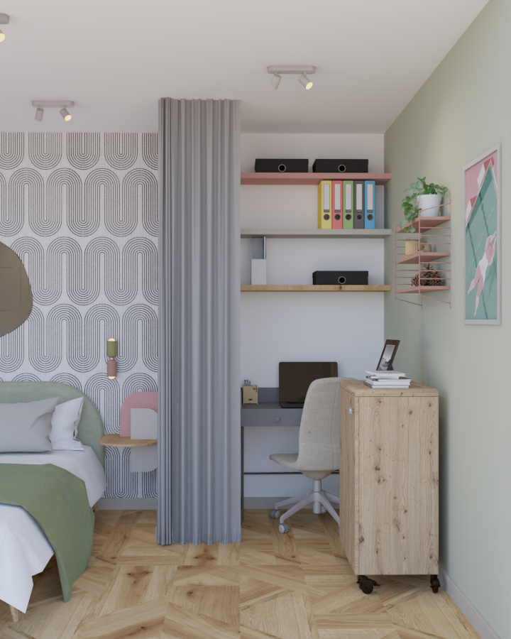 Projekt sypialni, tapeta w fale, domowe biuro
