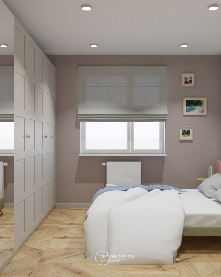 Projekt sypialni, tapeta w fale, szafa PAX IKEA, roleta rzymska