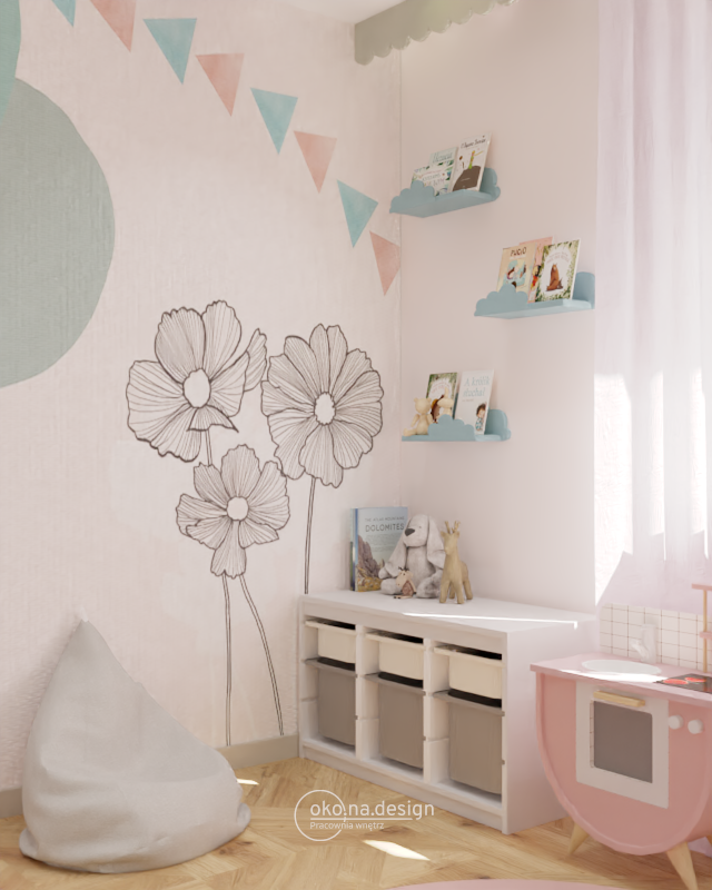 projekt pokoju dziecięcego, kolorowa tapeta, półki na książki