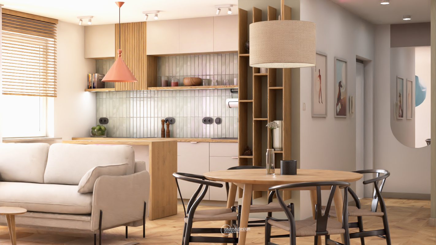 Salon z kuchnią. Projekt wnętrz mieszkania deweloperskiego w Krakowie