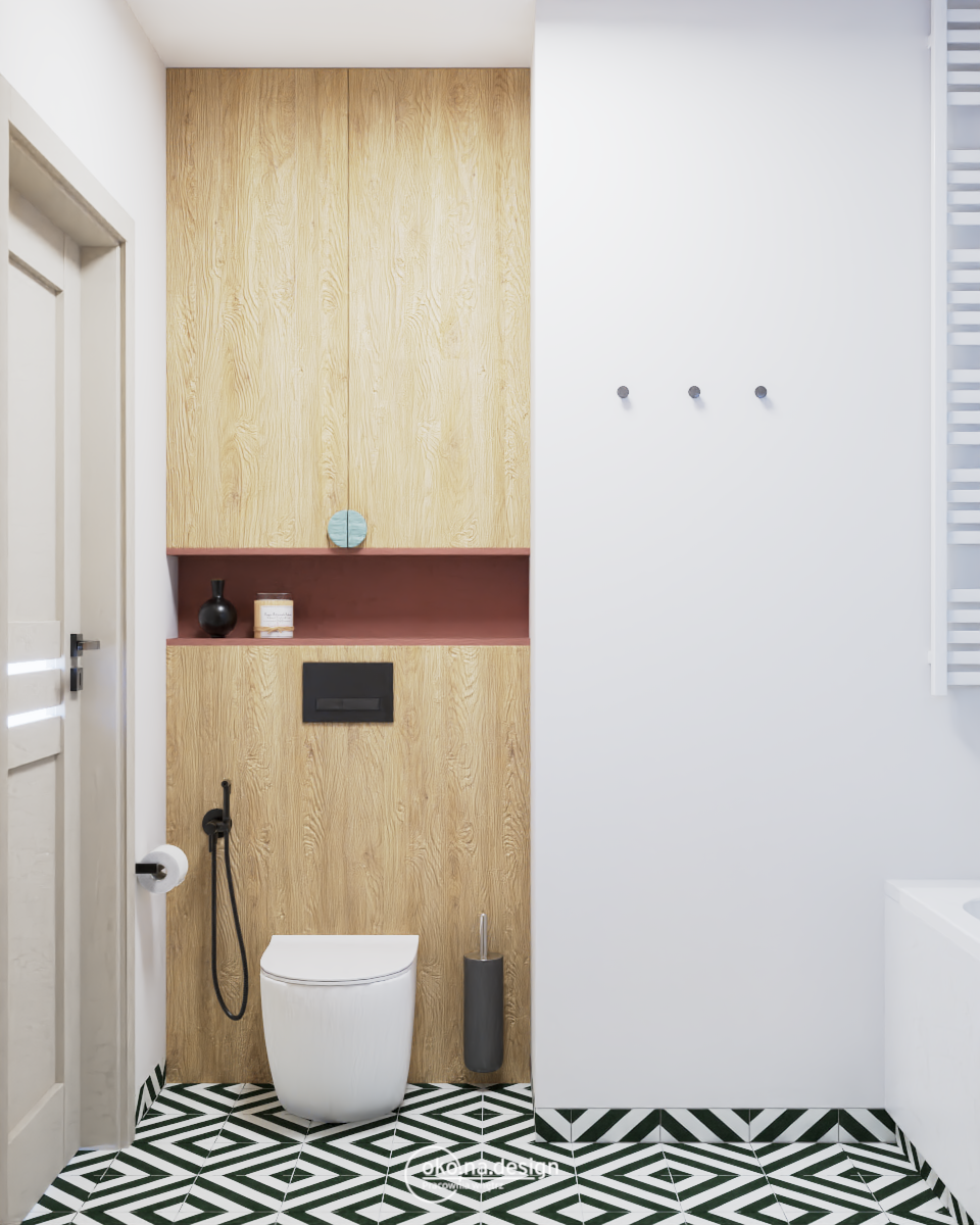Projekt łazienki, drewniana szafka nad geberitem, czarna bidetka
