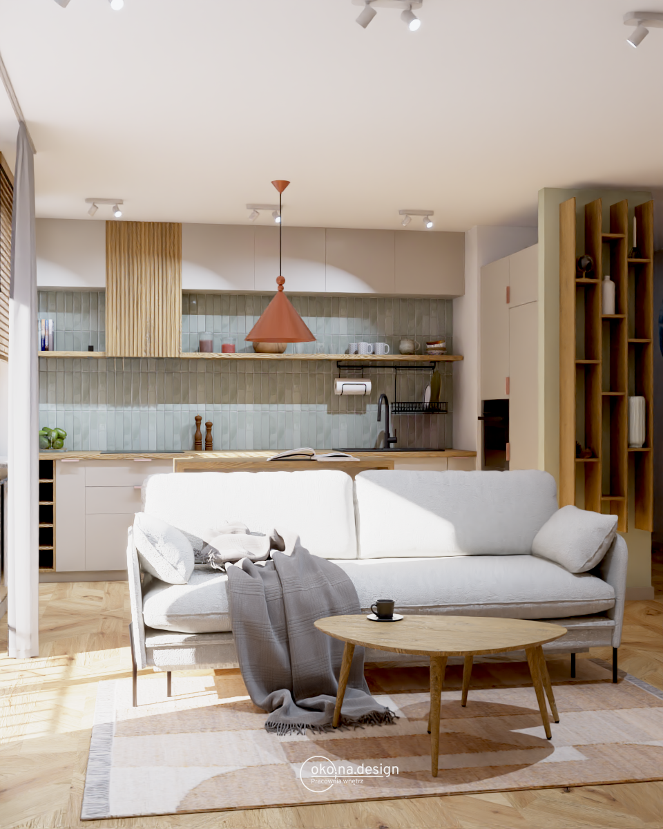 Projekt salonu z aneksem kuchennym, rozkładaną kanapą i stolikiem kawowym.