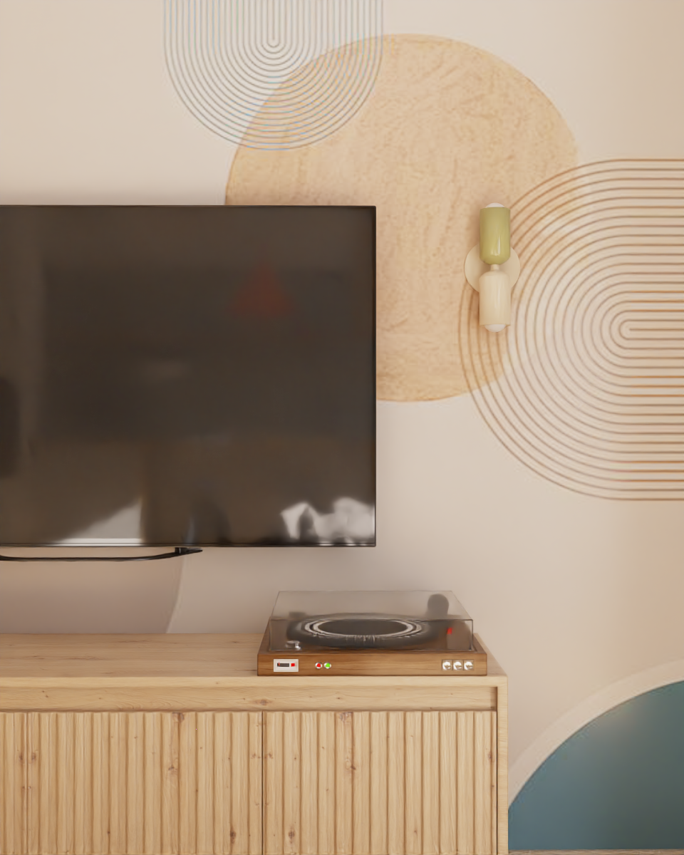 Projekt salonu z telewizorem, szafką rtv z miejscem na gramofon. Ciekawy kinkiet