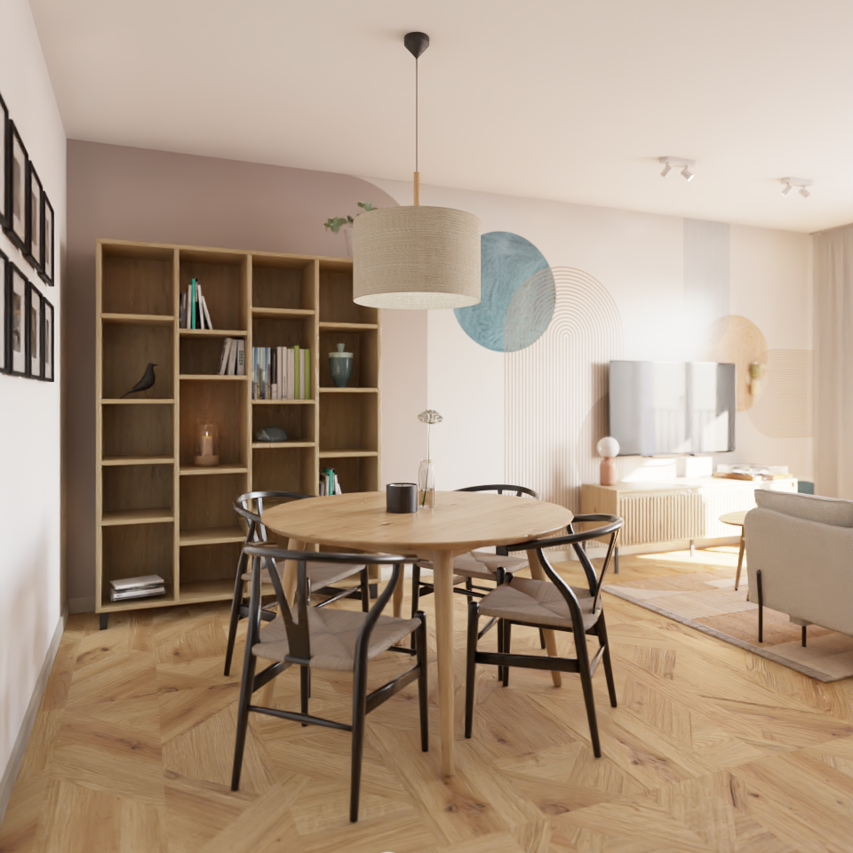 Projekt jadalni z salonem. Okrągły stół.