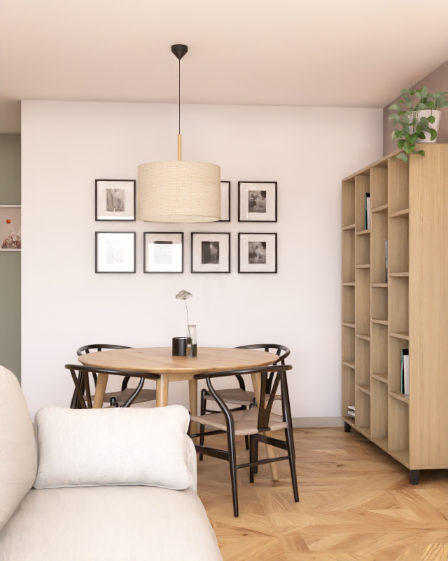 Projekt jadalni z salonem. Okrągły stół.