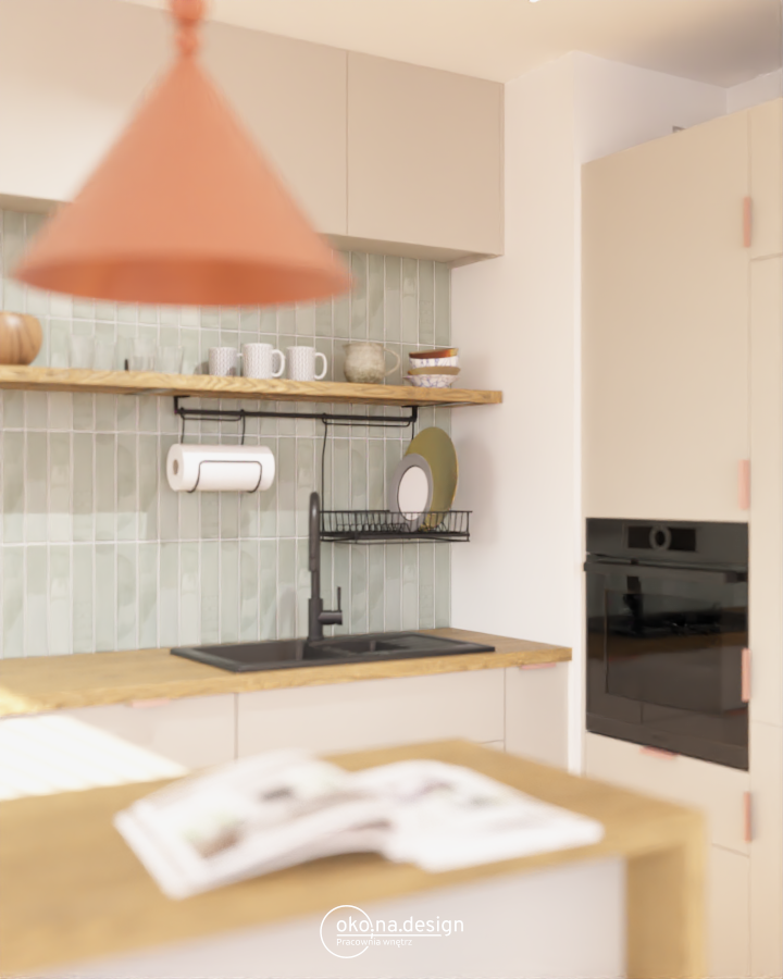 Projekt kuchni, jasne szafki i półka nad blatem