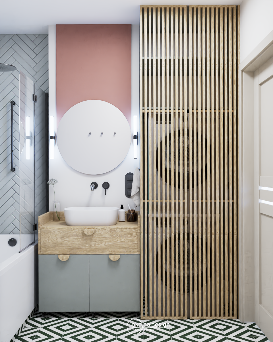 Projekt łazienki z pralką i suszarką w słupku, okrągłe lustro