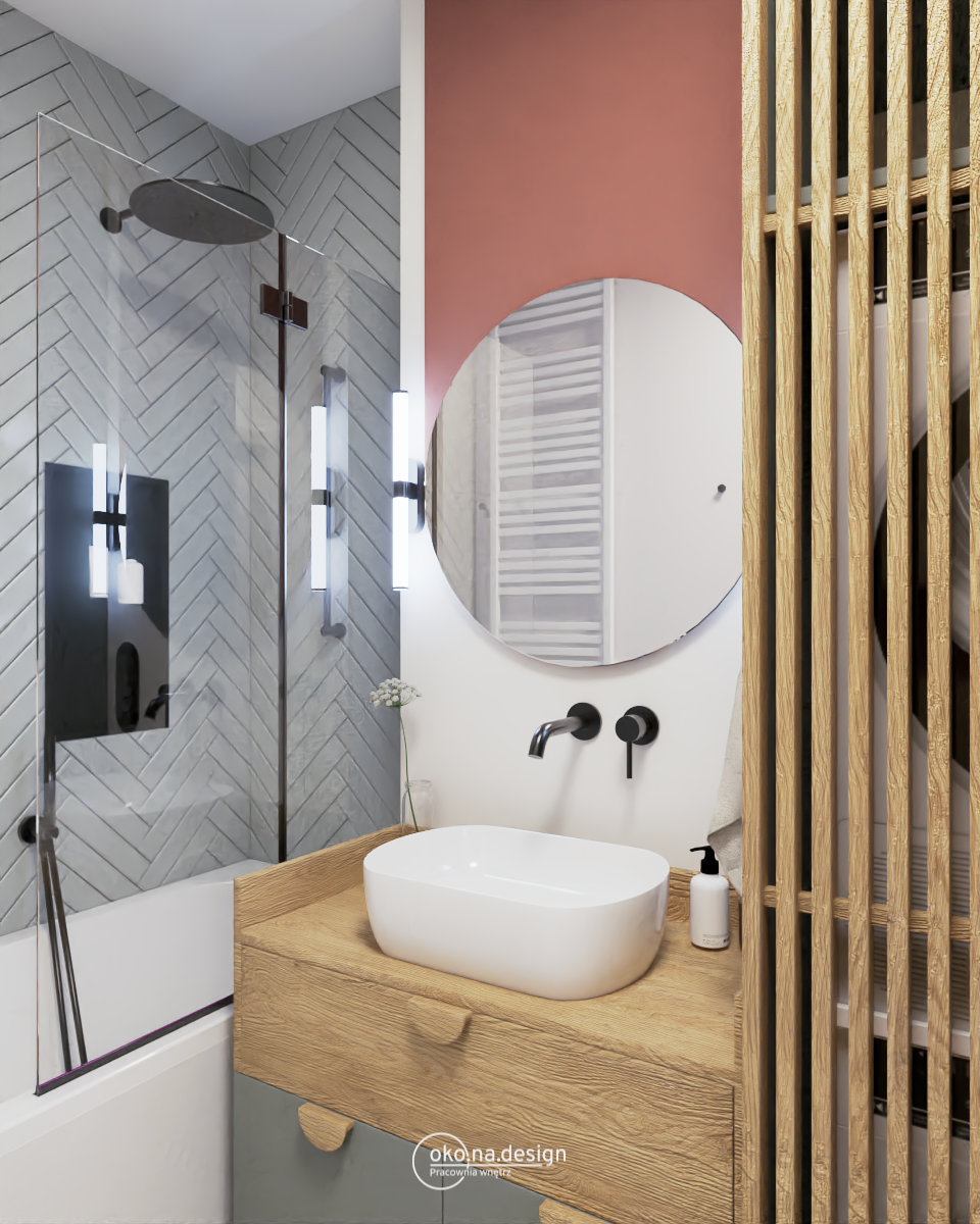 Projekt łazienki z pralką i suszarką w słupku, okrągłe lustro