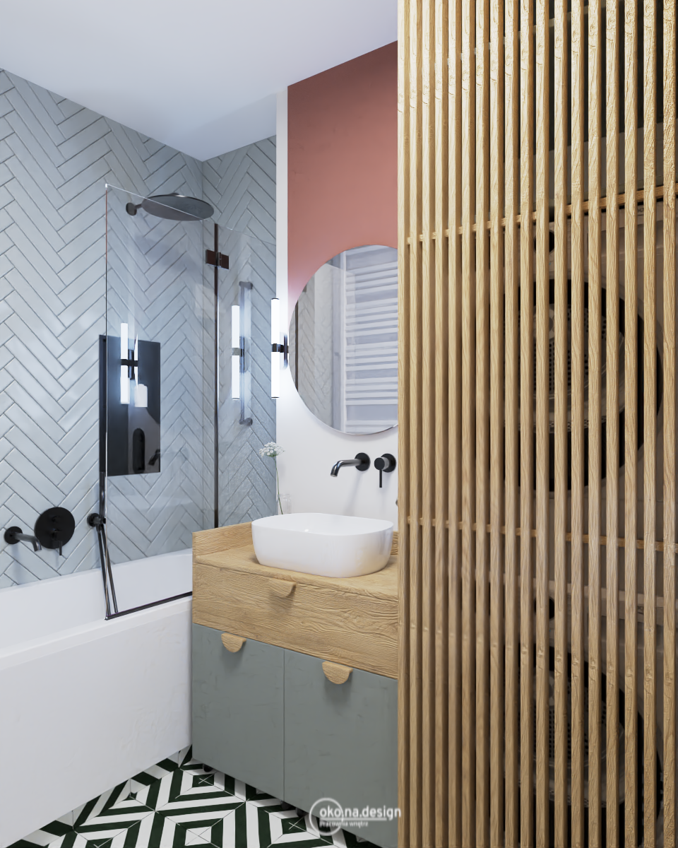 Projekt łazienki z pralką i suszarką w słupku, okrągłe lustro