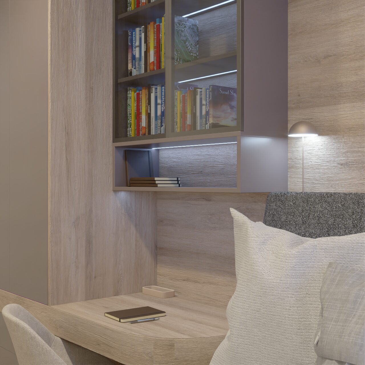 Zdjęcie przedstawia jasne i przestronne wnętrze sypialni. Na pierwszym planie widoczne jest łóżko z białym drewnianym stelażem i ciemnoszarym materacem. Na łóżku znajduje się biała pościel z delikatnym wzorem i miękkie poduszki. Obok łóżka stoi drewniana szafka nocna z lampką. W tle, po prawej stronie łóżka, znajduje się biurko z drewnianym blatem i szufladami. Obok biurka znajduje się wygodne krzesło z brązowym obiciem. Sypialnię zdobią jasne zasłony i białe ściany. Podłoga wyłożona jest drewnianym parkietem. Projekt autrorstwa Pracowni wnętrz oko.na.design