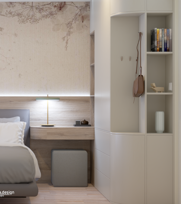 Sypialnia z łóżkiem, szafą i półkami Opis: Na zdjęciu przedstawiona jest sypialnia. W centralnej części pomieszczenia znajduje się łóżko z brązowym drewnianym stelażem i ciemnoszarym materacem. Po lewej stronie łóżka ustawiono kaszmirową szafę. Na przeciwległej ścianie widoczne są drewniane półki na książki i dekoracje. Podłoga wyłożona jest jasnymi panelami laminowanymi, a ściany pomalowane są na biało. W tle widać okno z zasłonami. Dodatkowe informacje: W sypialni panuje jasny i przytulny klimat. Meble są proste i funkcjonalne. Łuki. Pomieszczenie jest czyste i uporządkowane. Pracownia wnętrz oko.na.design. Klaudia Szendzielarz