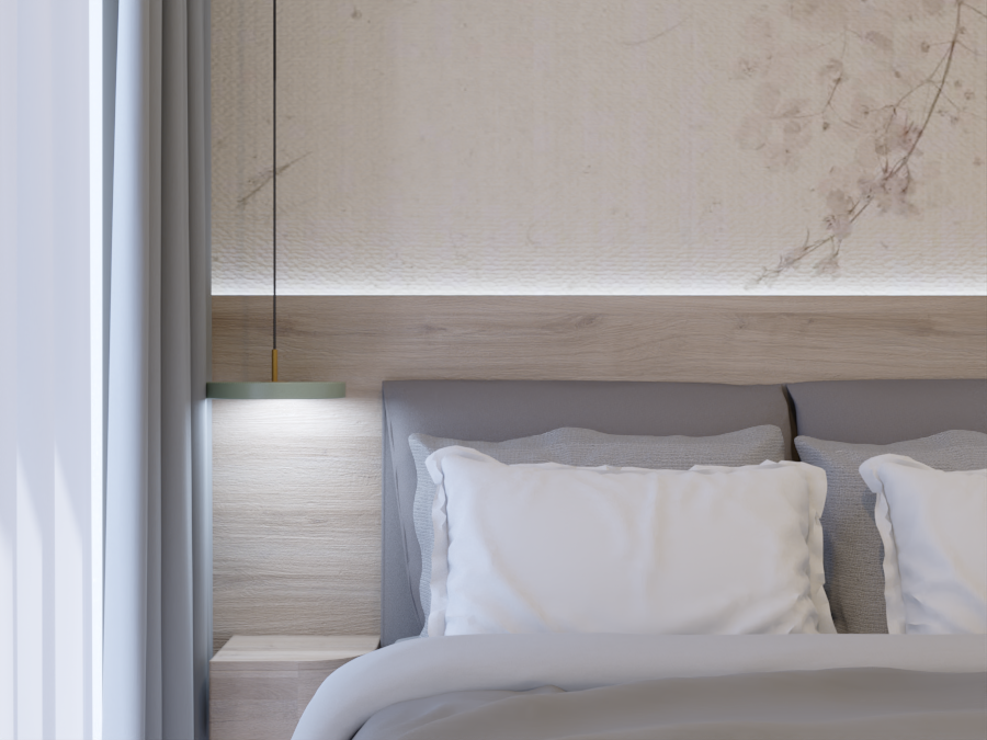 Sypialnia z łóżkiem, szafą i półkami Opis: Na zdjęciu przedstawiona jest sypialnia. W centralnej części pomieszczenia znajduje się łóżko z brązowym drewnianym stelażem i ciemnoszarym materacem. Po lewej stronie łóżka ustawiono kaszmirową szafę. Na przeciwległej ścianie widoczne są drewniane półki na książki i dekoracje. Podłoga wyłożona jest jasnymi panelami laminowanymi, a ściany pomalowane są na biało. W tle widać okno z zasłonami. Dodatkowe informacje: W sypialni panuje jasny i przytulny klimat. Meble są proste i funkcjonalne. Łuki. Pomieszczenie jest czyste i uporządkowane. Pracownia wnętrz oko.na.design. Klaudia Szendzielarz